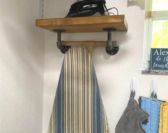 Rustic Ironing Board Holder with Shelf: Laundry Room Storage