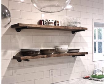 Heavy-Duty Floating Shelves with Modern Pipe Brackets, Ideal for Laundry Storage