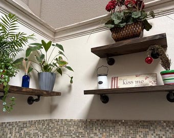 Rustic Wood Floating Shelf, Farmhouse Pinewood Decor, Sturdy Angled Brackets