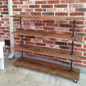 Wide Base Heavy Duty Rolling shelving cart with four shelves. Bar Cart, Industrial farmhouse clothes storage, Retail display fixture,