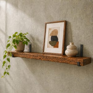May include: A rustic wooden floating shelf with a rough, textured finish mounted on black metal brackets. On the shelf sits a potted trailing green plant, a framed abstract art print with stacked shapes, and a smooth, light-colored ceramic vase.