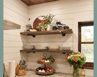 Solid Pine Floating Shelves | Rustic Pipe Brackets | Wall-Mounted Decor & Storage