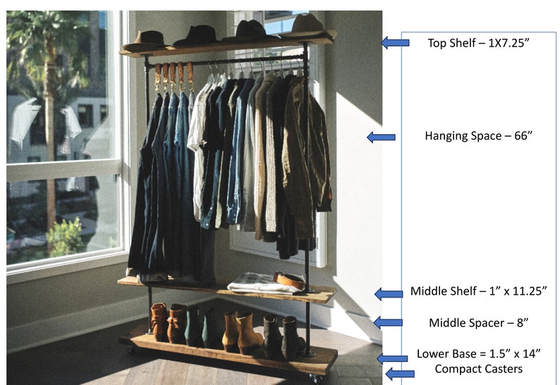 Clothing rack with bottom and top shelf. Industrial Garment Rack, shoe and coat storage, Rolling Wardrobe for Pop Up shops, Rolling clothes image 2