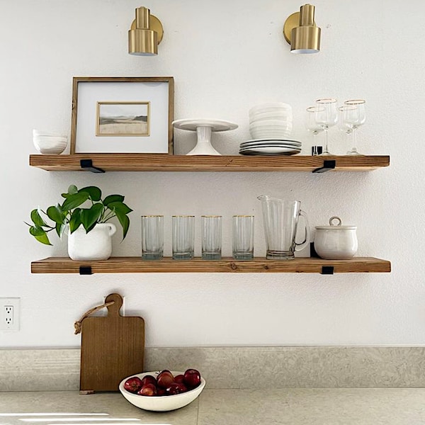 Floating shelf with sleek J shaped brackets, modern shelves, rustic kitchen or bathroom, minimalist shelf, farmhouse custom plant storage