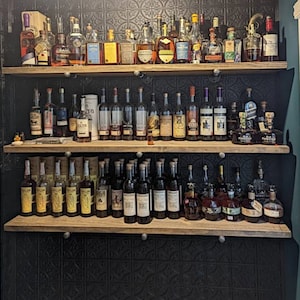 Heavy Duty Long Rustic Floating Shelf with two Iron pipe brackets, Whiskey Bar, Man Cave Bourbon Bar, Pantry and Basement wine bar