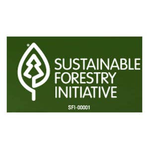 May include: A dark green rectangular logo featuring white text and a white leaf and tree design. The text reads "SUSTAINABLE FORESTRY INITIATIVE" and "SFI-00001". The logo signifies sustainable forestry practices.
