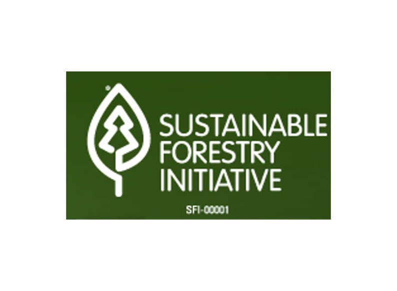 May include: A dark green rectangular logo featuring white text and a white leaf and tree design. The text reads "SUSTAINABLE FORESTRY INITIATIVE" and "SFI-00001". The logo signifies sustainable forestry practices.