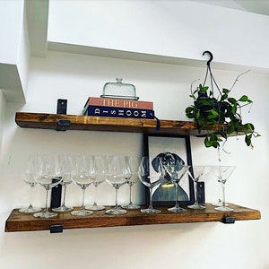 Rustic shelf with J shaped brackets, flat iron shelf bracket, farmhouse modern shelf, industrial shelving, mid century modern sleek shelf