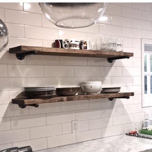 Rustic Floating Shelf with Iron Pipe Brackets: Farmhouse Kitchen Pantry Storage