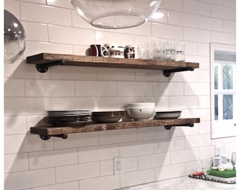 Rustic Floating Shelf with Iron Pipe Brackets: Farmhouse Kitchen Pantry Storage