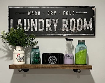 A Heavy Duty Rustic Shelf and Two Robust Pipe Brackets. Laundry Room Storage, Coffee Bar shelf, Whiskey Bar, Plant storage and display