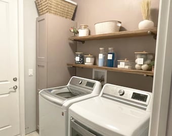 Modern Farmhouse Floating Laundry Shelf: Heavy Duty Pine Wood.