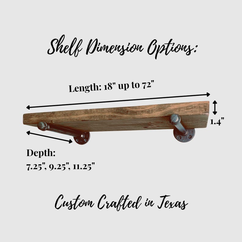 May include: A wooden shelf with black metal pipe brackets. Text reads: Shelf Dimension Options: Length: 18" up to 72", Depth: 7.25", 9.25", 11.25", 1.4" thickness, and Custom Crafted in Texas. The shelf has a natural wood grain finish.