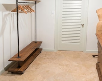 Sturdy Rolling Garment Rack:  Mobile Clothes Closet with Rustic Wooden Shelves