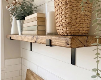 Rustic Pine Floating Shelf: Living Room Display Planks, Iron L Brackets