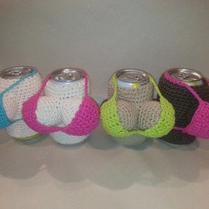 The can-can girls. Crochet boobie can cozies.