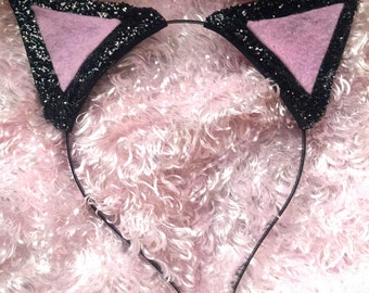 Kitty Cat Ears - Kitty Cat Headband - Cat Ears - Cat Ear Headband - Cat Costume - Kitty Costume Ears - Pink and Black Kitty Cat Ears -