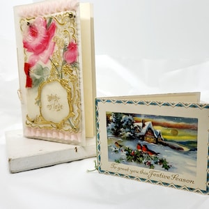 Vintage Weihnachtskarte, kleine traditionelle Schnee Rotkehlchen Szene oder rosa Blumen handgefertigt medium boxed, Display Sammlerstücke, Sammlergeschenk