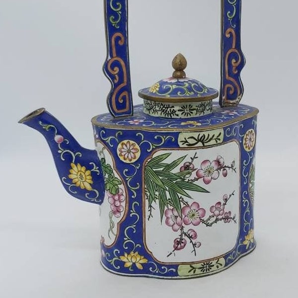 Trade for aid Charlotte Di Vita Blue floral enamel teapot, oriental style display teapot, small kettle rare ornamental vintage home decor