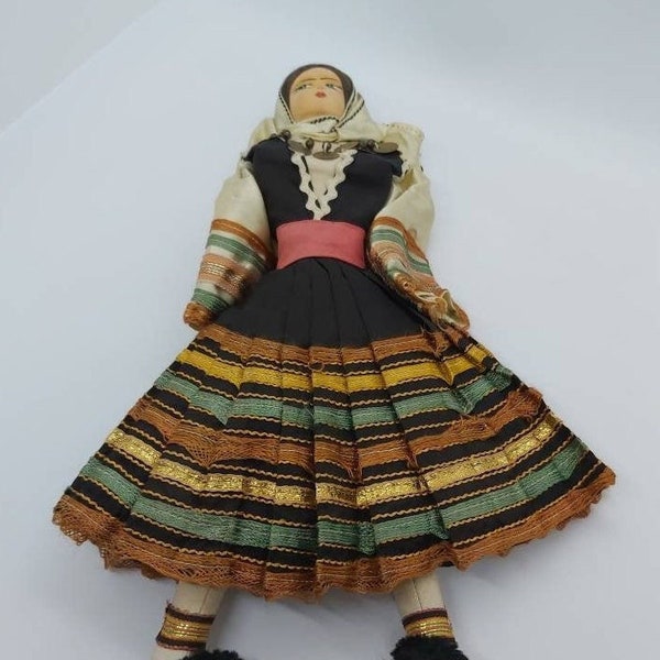 Greek lady doll traditional dress holiday vacation souvenir, national costume collectible dolls, vintage display doll