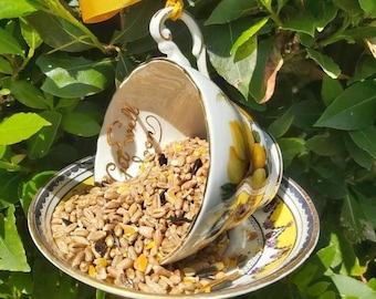 Get well soon gift teacup bird feeder, vintage bird feeder, yellow floral china bird feeder, get well soon gift, quirky cottage garden decor