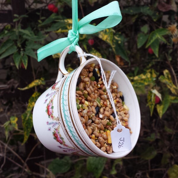 Pretty bird feeder garden decoration, gift for her, outdoor decor, vintage teacup garden ornament, yard decoration, cottage garden decor