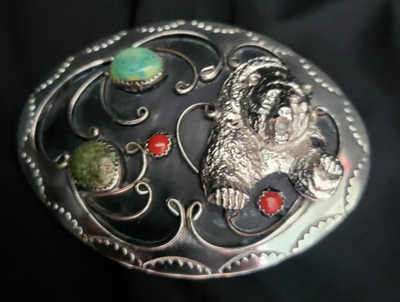 Silver, turquoise, coral Belt buckle, grizzly bea… - image 9