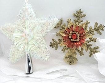 Vintage Tinsel Star Christmas Tree Topper: Gold, Silver, or White