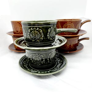 Vintage Tams Pottery Soup Bowl with Saucer: Retro Green or Brown Decor