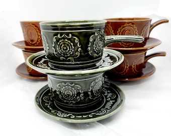 Vintage Tams Pottery Soup Bowl with Saucer: Retro Green or Brown Decor