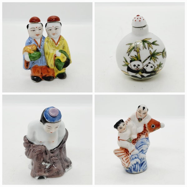 Vintage Porcelain snuff bottle, Panda, Chinese man,  men or fish, oriental miniature scent bottle, rare collectible vintage home decor