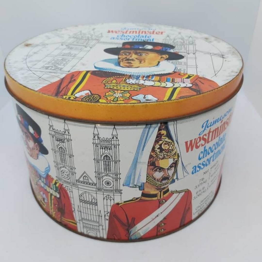 Jamesons Westminster Chocolate Assortment Tin, Vintage Large Round
