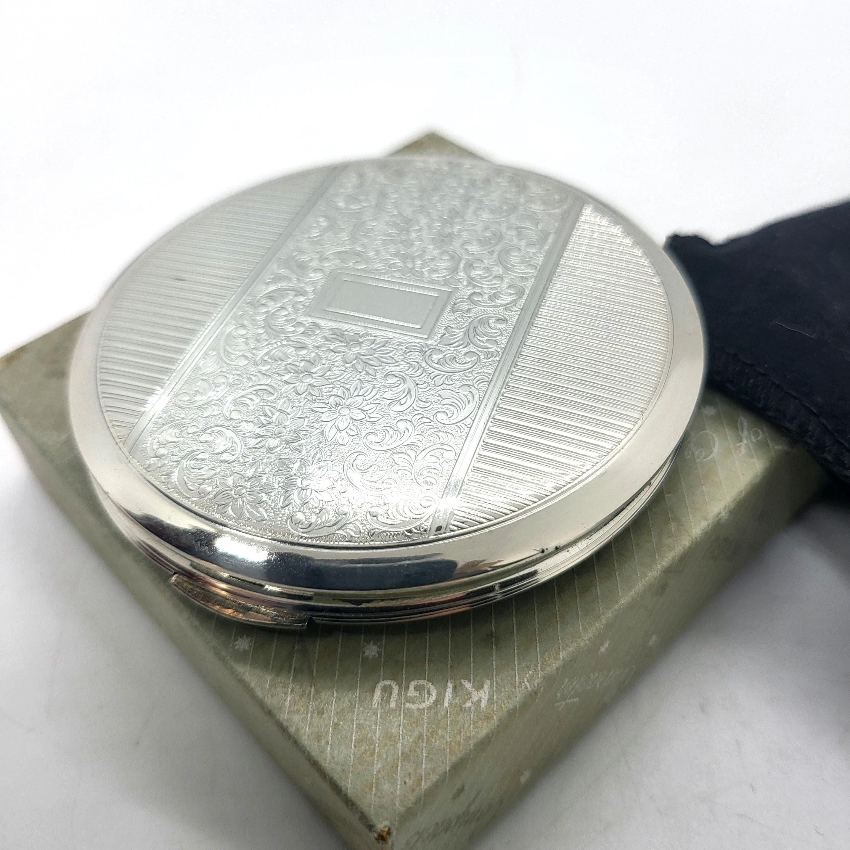 Vintage Kigu Compact: Silver Tone Etched Powder Compact, Collectible Gift