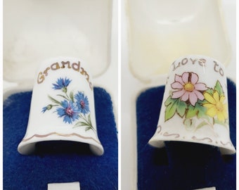 Porcelain Thimble, Grandma or Mum with love, floral thimble boxed, sewing, crafters, collectors gift, vintage display collectible