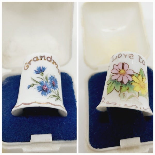 Porcelain Thimble, Grandma or Mum with love, floral thimble boxed, sewing, crafters, collectors gift, vintage display collectible