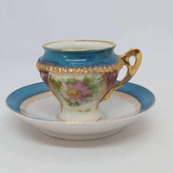 Vintage demitasse teacup, pedestal, footed teacup with floral, turquoise and gold, antique collectible display cup and saucer