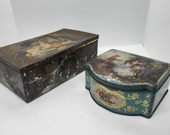 Antique Peace Bringing Back Plenty tin or Vintage Turquoise blue floral Georgian scene tin, storage box, container, collectible