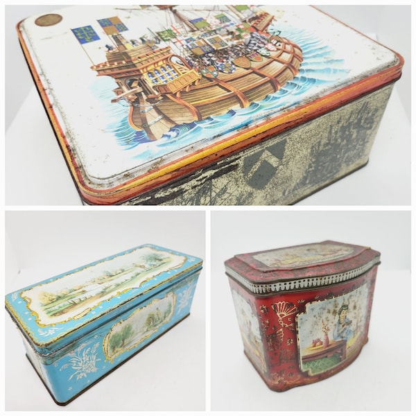 McVitie, Jacobs or Sunblest tin, red oriental, turquoise blue rectangle or galleon ship, vintage metal storage canister, rustic collectible