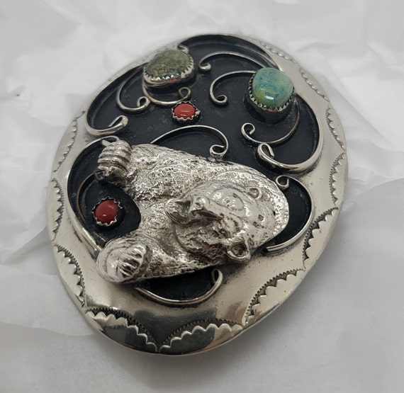 Silver, turquoise, coral Belt buckle, grizzly bea… - image 4