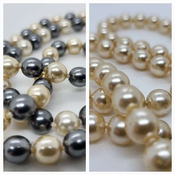 Pearl Necklace and Bracelet Set, Vintage Faux Pearls, Blue, Grey