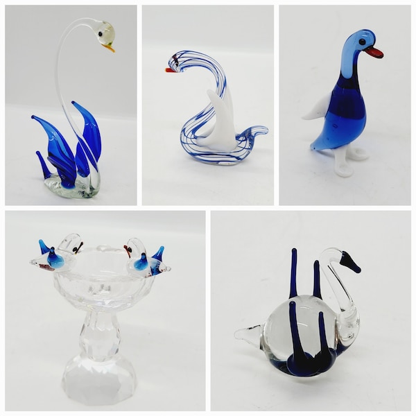 Glass Swan figurine, Blue stripe, clear, cobalt blue ornament, duck, goose or crystal bird bath knick knack, collectible, vintage home decor