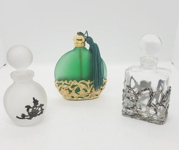 Vintage Glass Perfume Bottle: Frosted, Green, Silver, Gold Decor