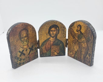 Vintage miniature religious triptych, wood christian travel, pocket oratory private prayer keepsake, Jesus, disciples, saint, collectible