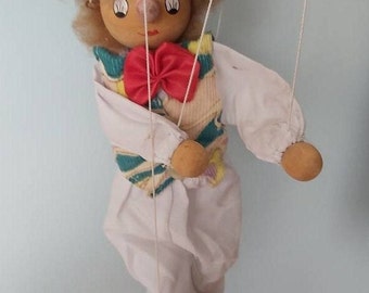 Marionette Puppet, wood, string puppet, man, clown,  Pierrot, display collectible, vintage toy, gift