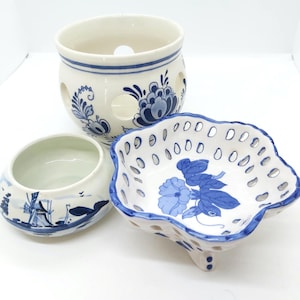 Vintage Delft Blue Pottery: Vase, Planter, Lidded Dish, Trinket Dish