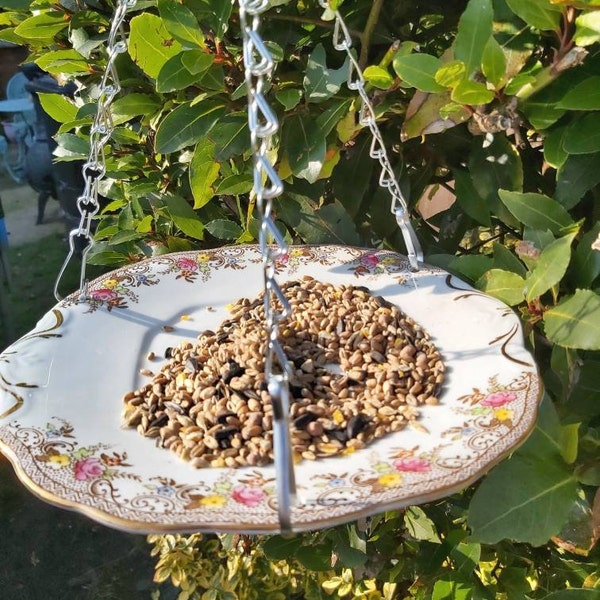 China Bird feeder, hanging cake plate bird feeder, garden ornament, bird lovers gift, yard art, vintage repurposed, up cycled garden gift