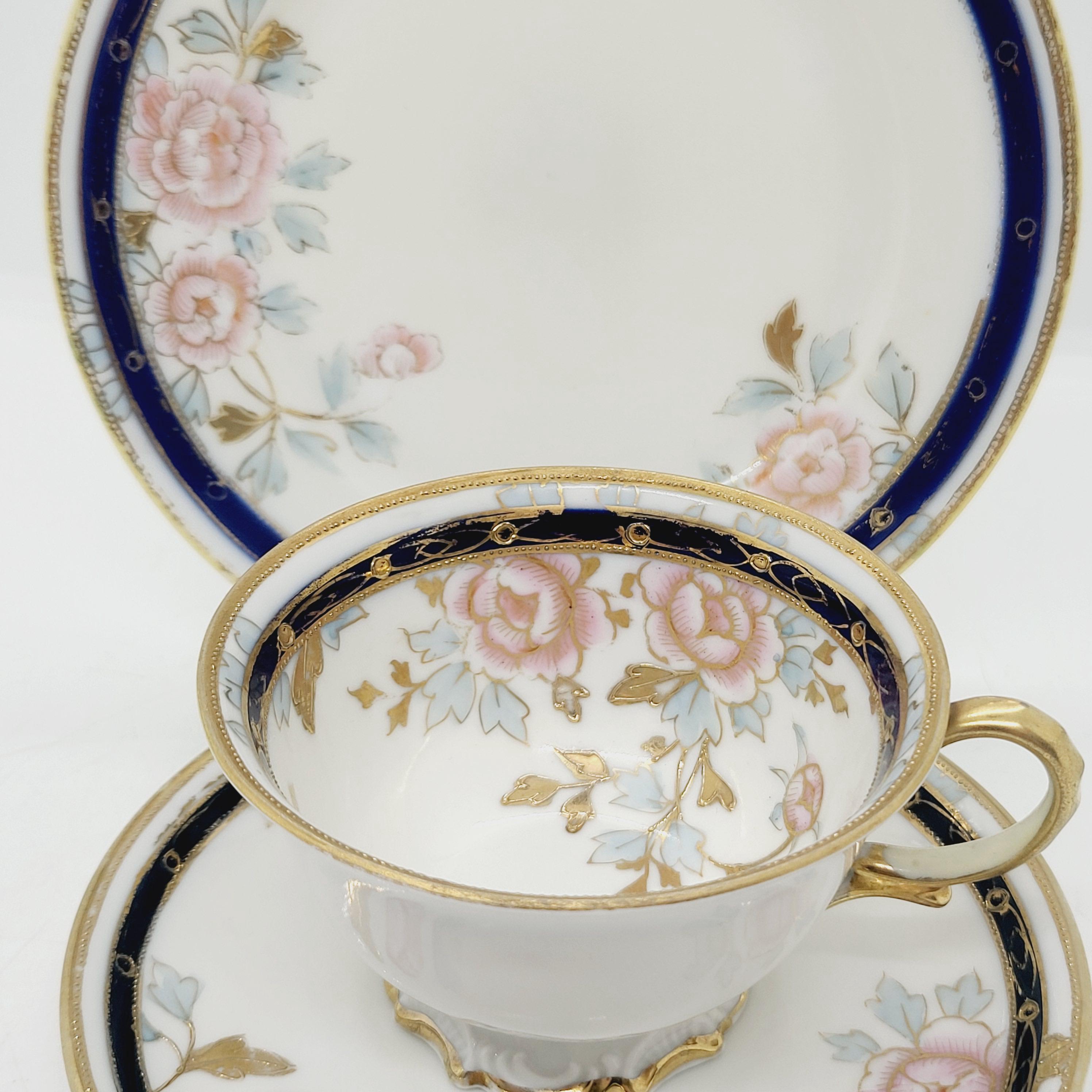Antique Noritake Teacup Trio: Pastel Floral, Blue & Gold, Pedestal Cup