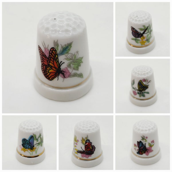 Porcelain Butterfly and floral Thimble, blue, orange, yellow or pink, sewing, crafters gift, vintage display, collectible, replacement piece