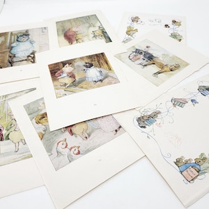 May include: A set of eight vintage illustrations featuring various scenes from Beatrix Potter's children's book, "The Tale of the Two Bad Mice". The illustrations are printed on white paper with a cream border and feature watercolour-style drawings of mice, pigs, and other animals.
