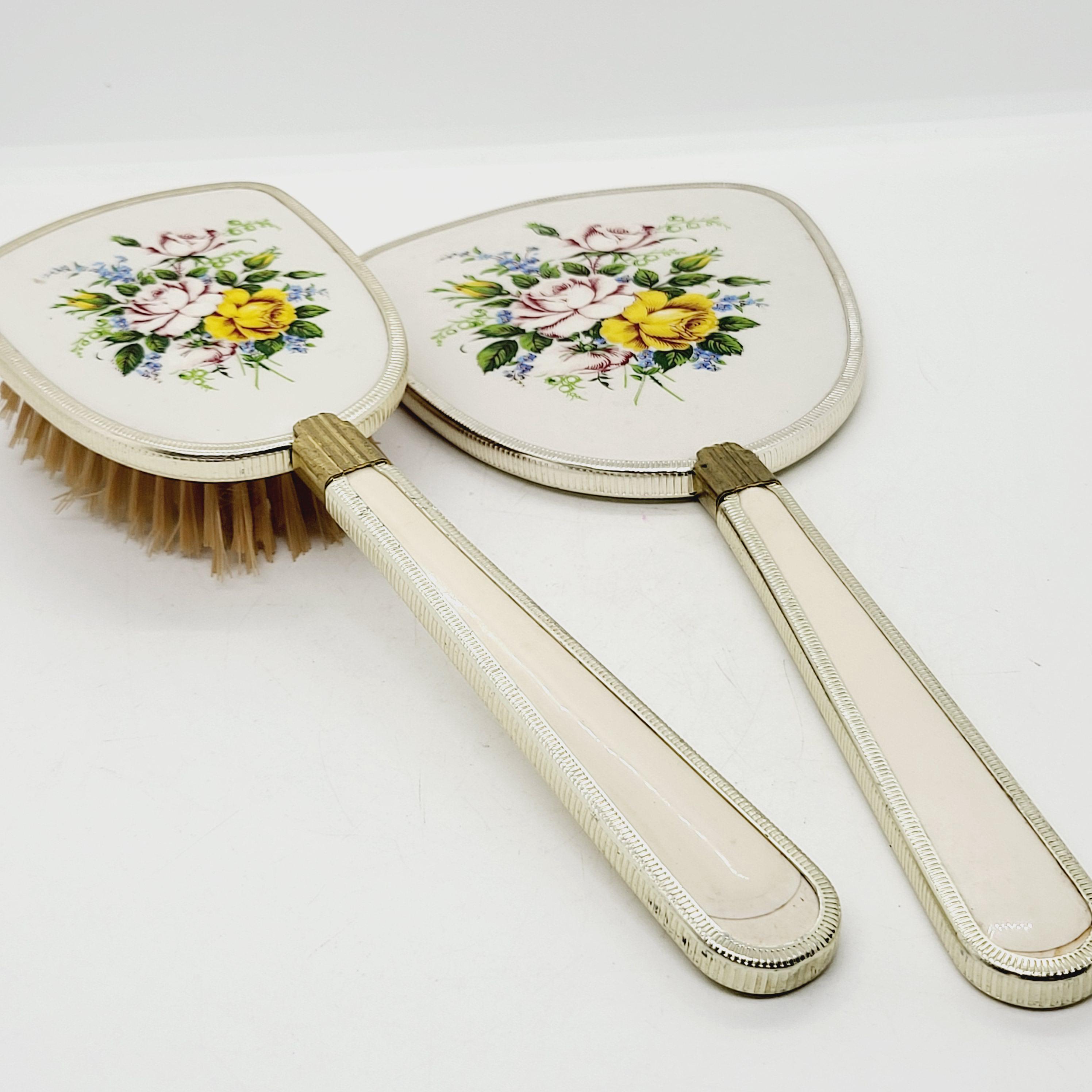 Vintage Floral Hand Mirror & Hairbrush Set: Mid-century 